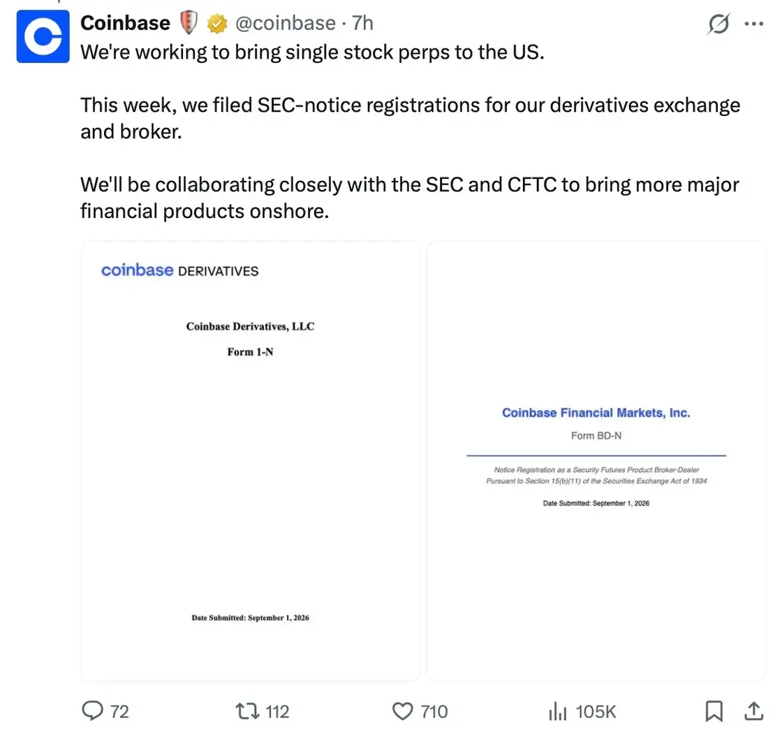 Coinbase 向 SEC 遞交單一股票永續合約備案,爭取登陸美國